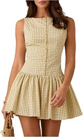 Women's Gingham Sleeveless Ruffle A Line Mini Dress | Open Back
