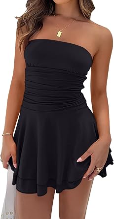 Women Sexy Tube Top Silk Dress Strapless Ruched Waist Ruffle Tiered Layer Mini Dress Party Short Dresses