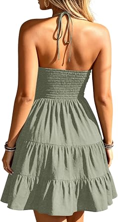 Women's Summer Mini Dress Halter Backless Sleeveless A Line Ruffle Hem Flowy Cami Dresses Sundress