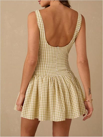 Women's Gingham Sleeveless Ruffle A Line Mini Dress | Open Back