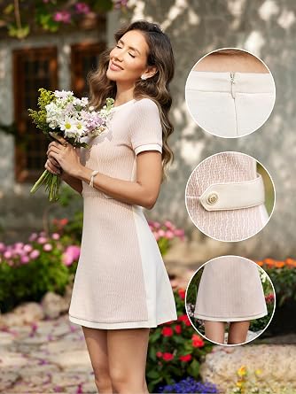 Womens A Line Dress Short Sleeve Crew Neck Tweed Mini Dress for Casual Daily Wedding