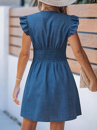 Women's Striped Summer Dresses V Neck Casual Mini Dress Flutter Sleeve Ruffle Button Sundresses