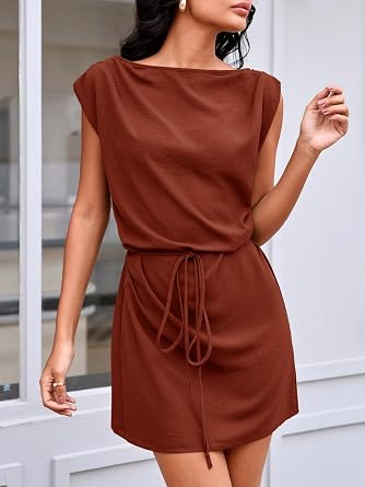 Womens 2026 Summer Mini Dress Casual Sleeveless Tie Waist Loose Ruched Beach Vacation Short Sundresses