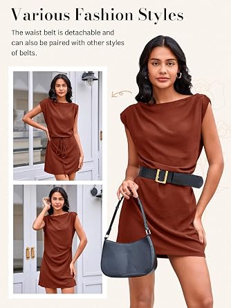 Womens 2026 Summer Mini Dress Casual Sleeveless Tie Waist Loose Ruched Beach Vacation Short Sundresses